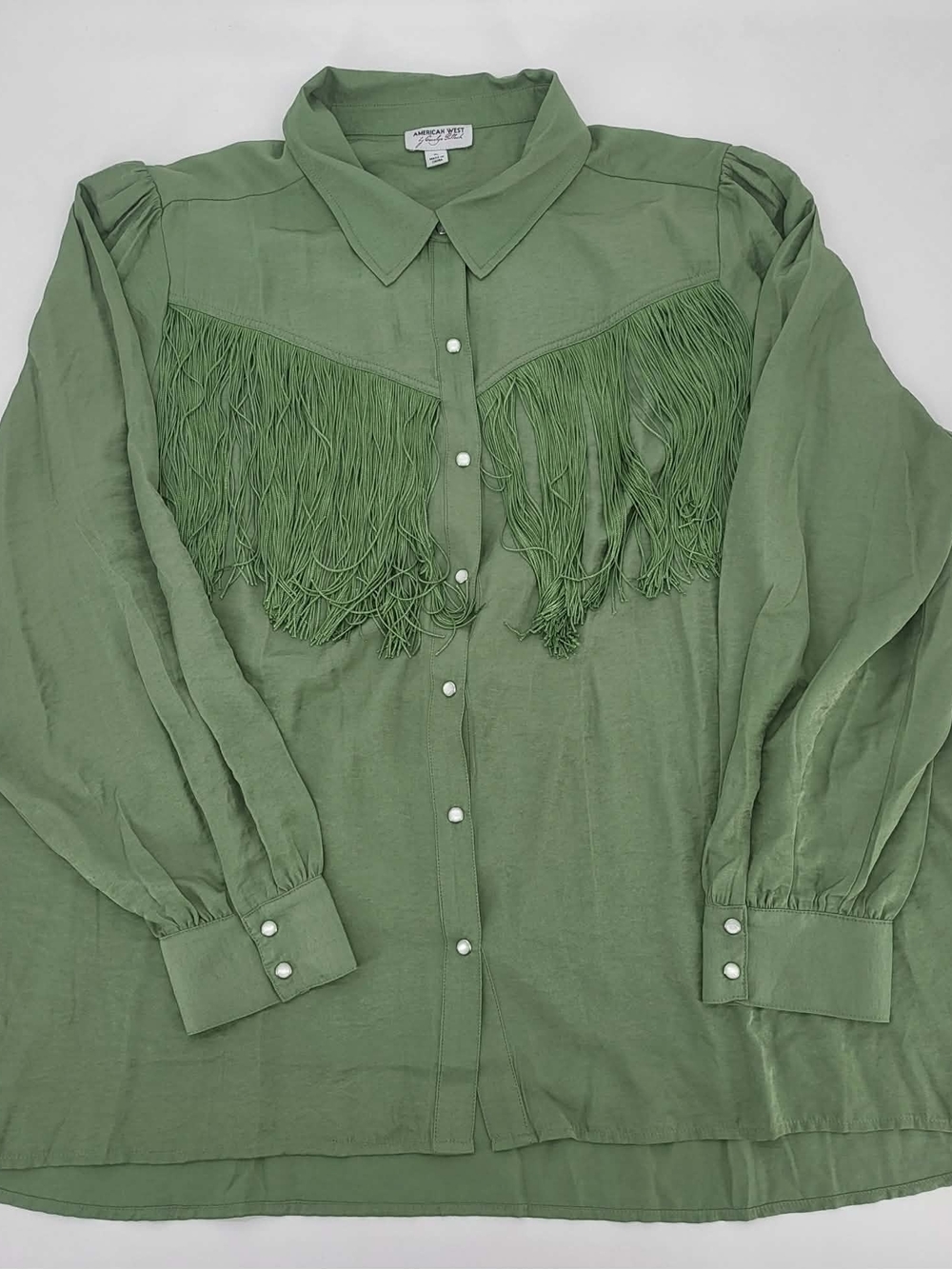 American West Olive Fringe Pearl Snap Button-Down Shirt